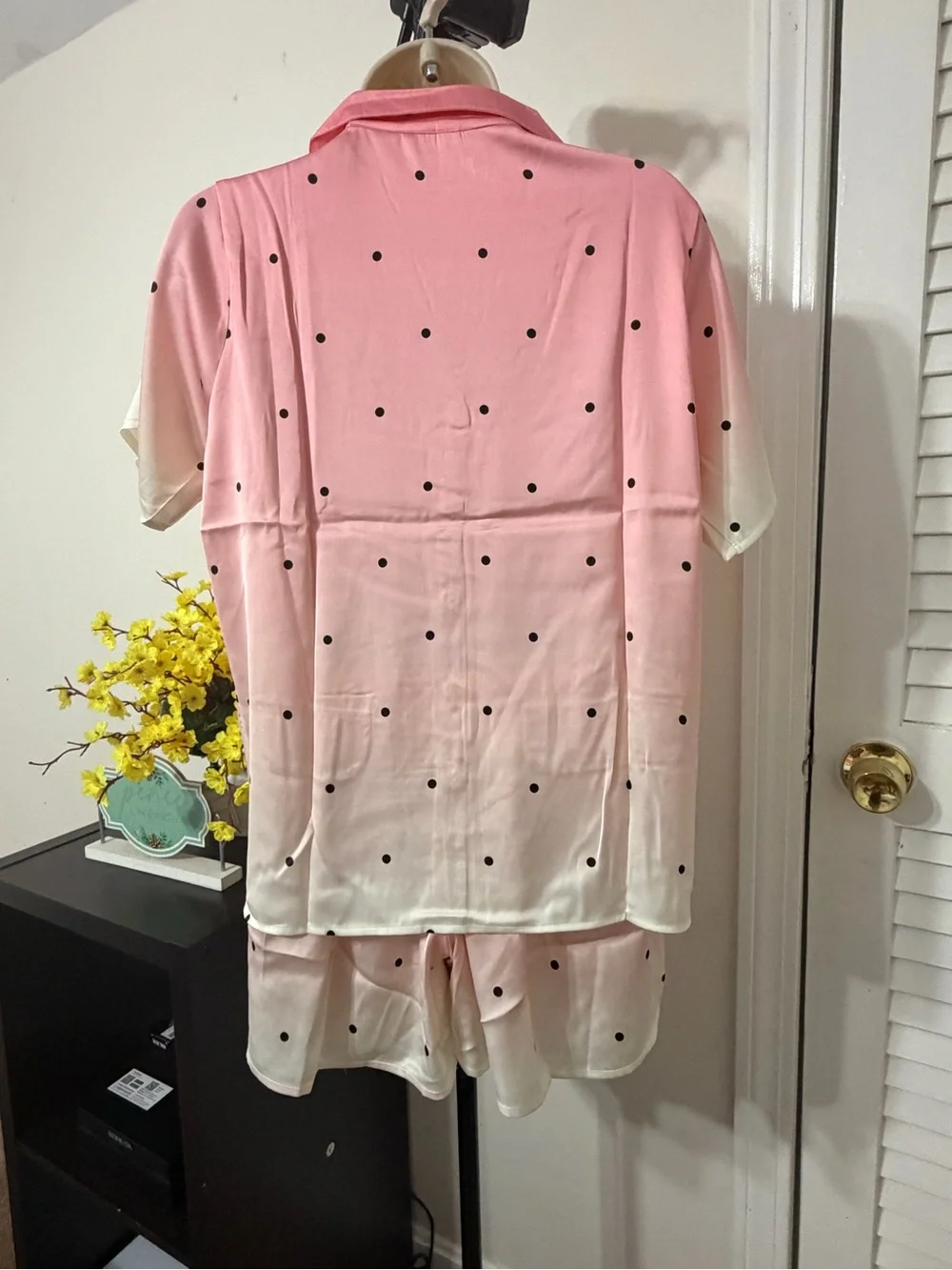 Pink Cherry Polka Dot Satin Short Pajama Set fit Small and Medium